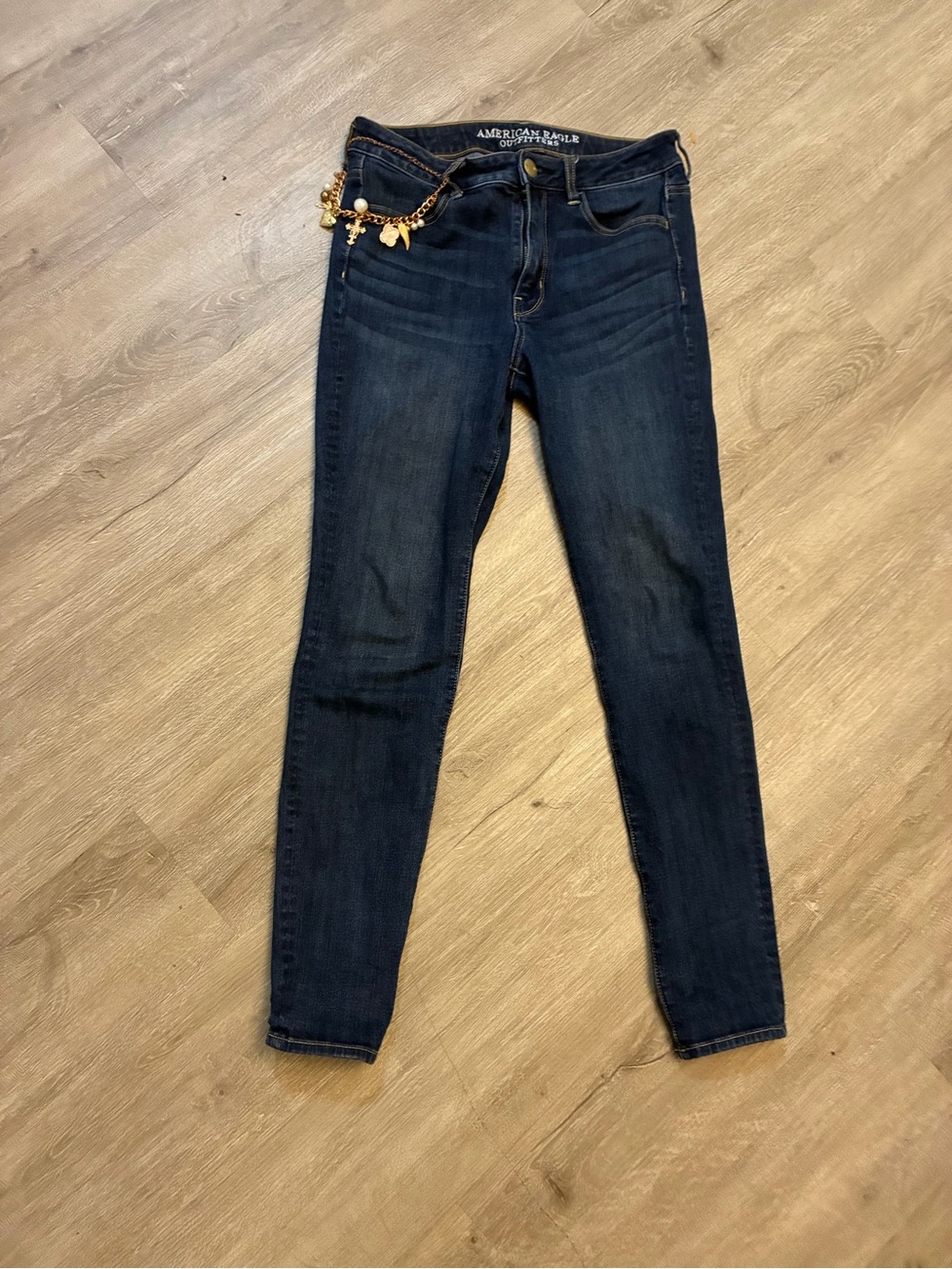 American Eagle Outfitters Dark Indigo Skinny Jeans with necklace bling